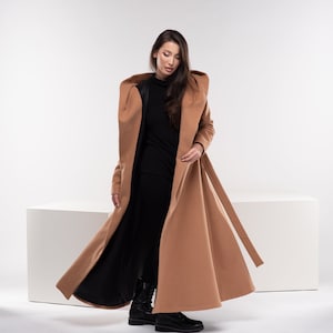 Manteau long princesse, Manteau d'hiver pour femme, Manteau à capuche en laine camel, Manteau évasé chaud, Vêtements grande taille image 6