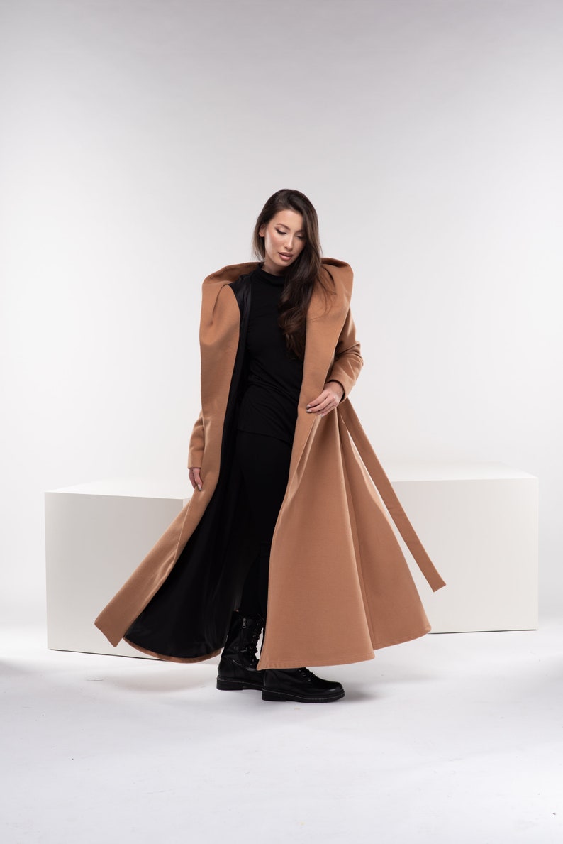 Manteau long princesse, Manteau d'hiver pour femme, Manteau à capuche en laine camel, Manteau évasé chaud, Vêtements grande taille image 6