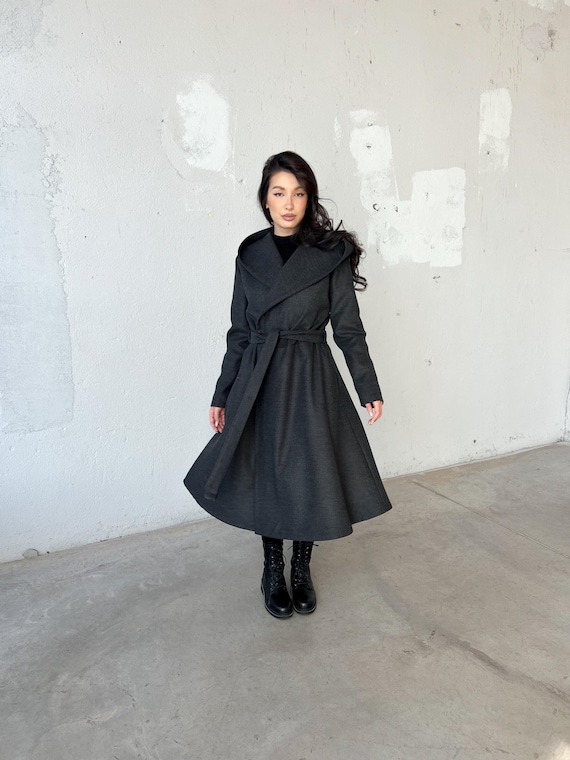 Midi Princess Coat, Wool Swing Coat, Fit and Flare Coat, Hooded Winter Coat, Gray Victorian Coat, Knee Length Trench Coat,Vintage Style Coat