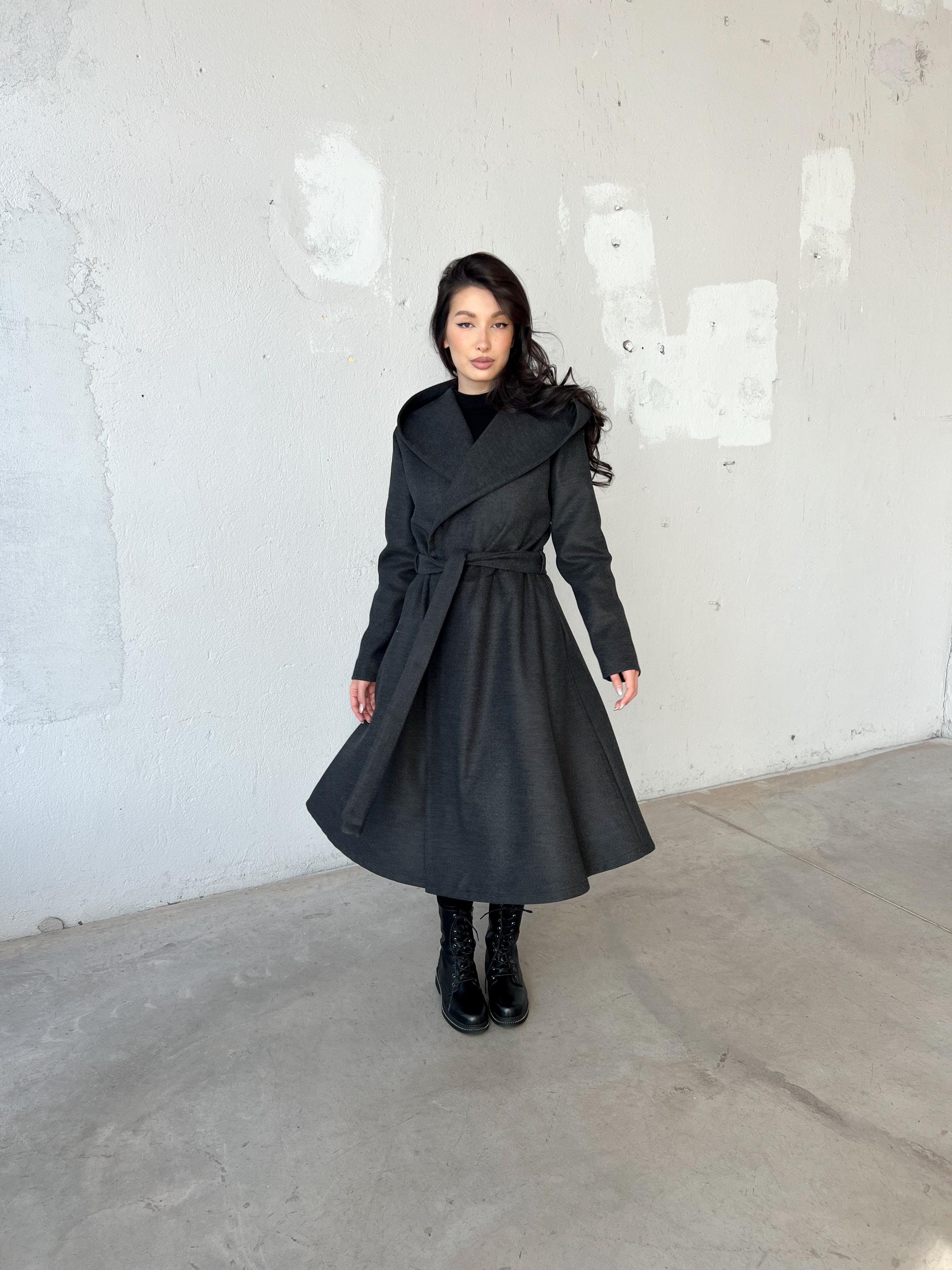 Midi Princess Coat, Wool Swing Coat, Fit and Flare Coat, Hooded