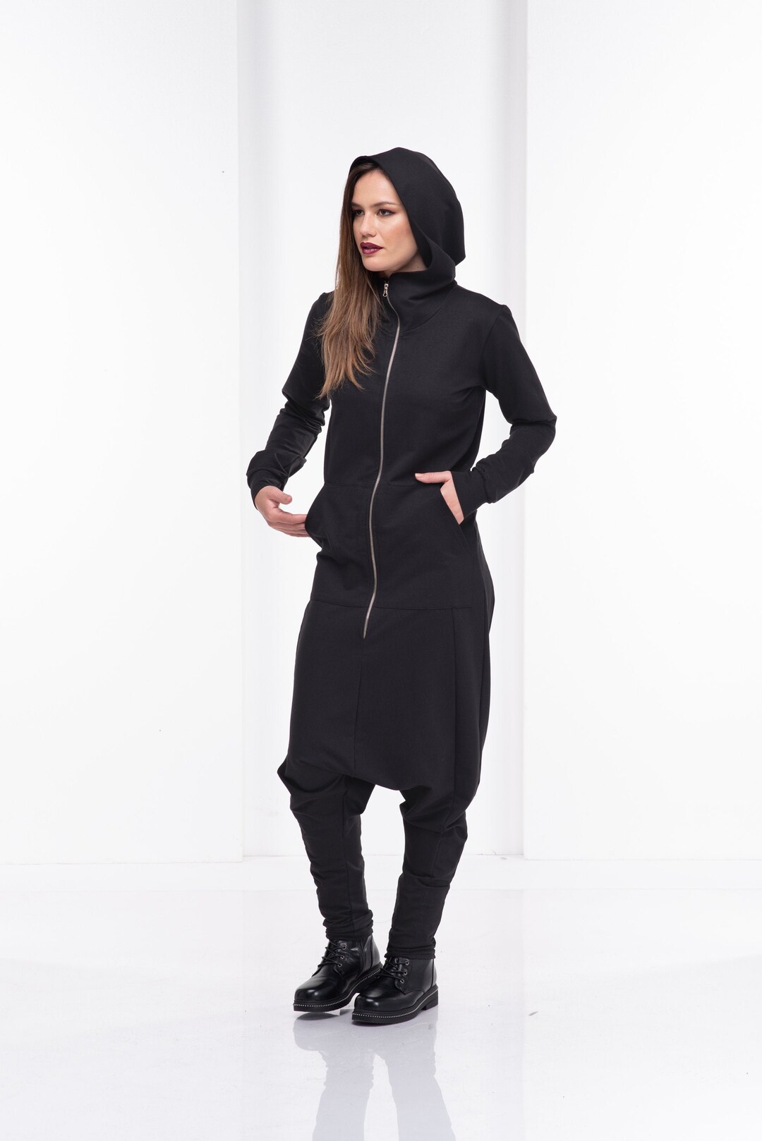 Black Cotton Jumpsuit Women, Hooded Harem Jumpsuit, Plus Size Women