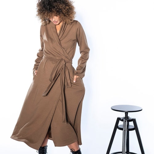 Knit Wrap Dress, Futuristic Wool Dress, Long Sleeve Wrap Dress, Winter Warm Dress Women, Fall Clothing