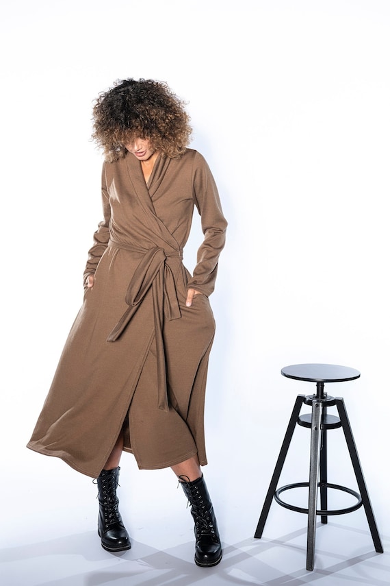 brown knit wrap dress Knit Wrap Dress, Futuristic Wool Dress, Long Sleeve Wrap Dress, Winter Warm  Dress Women, Fall Clothing
