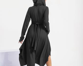 Black Hoodie Dress, Asymmetrical Cyberpunk Dress, Multiway Dress with Belt, Gothic Prom Dress, Black Maxi Dress, Swing Wrap Dress