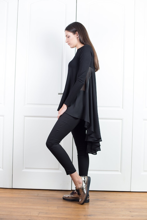 Black Top With Flare Back, Asymmetrical Tunic Top, Chiffon