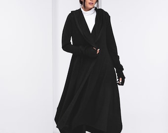 Wool Knit Sweater Cloak with Hood : Asymmetrical Long Cardigan Cape