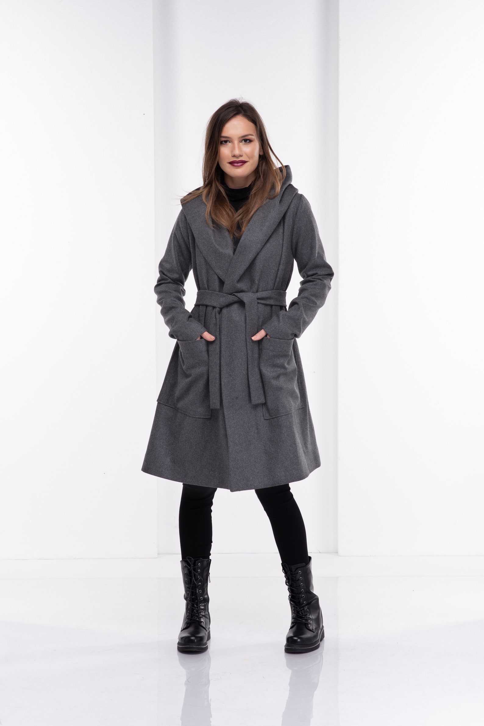 Gray Wool Coat Women Cashmere Hooded Cape Coat Winter Trench Etsy