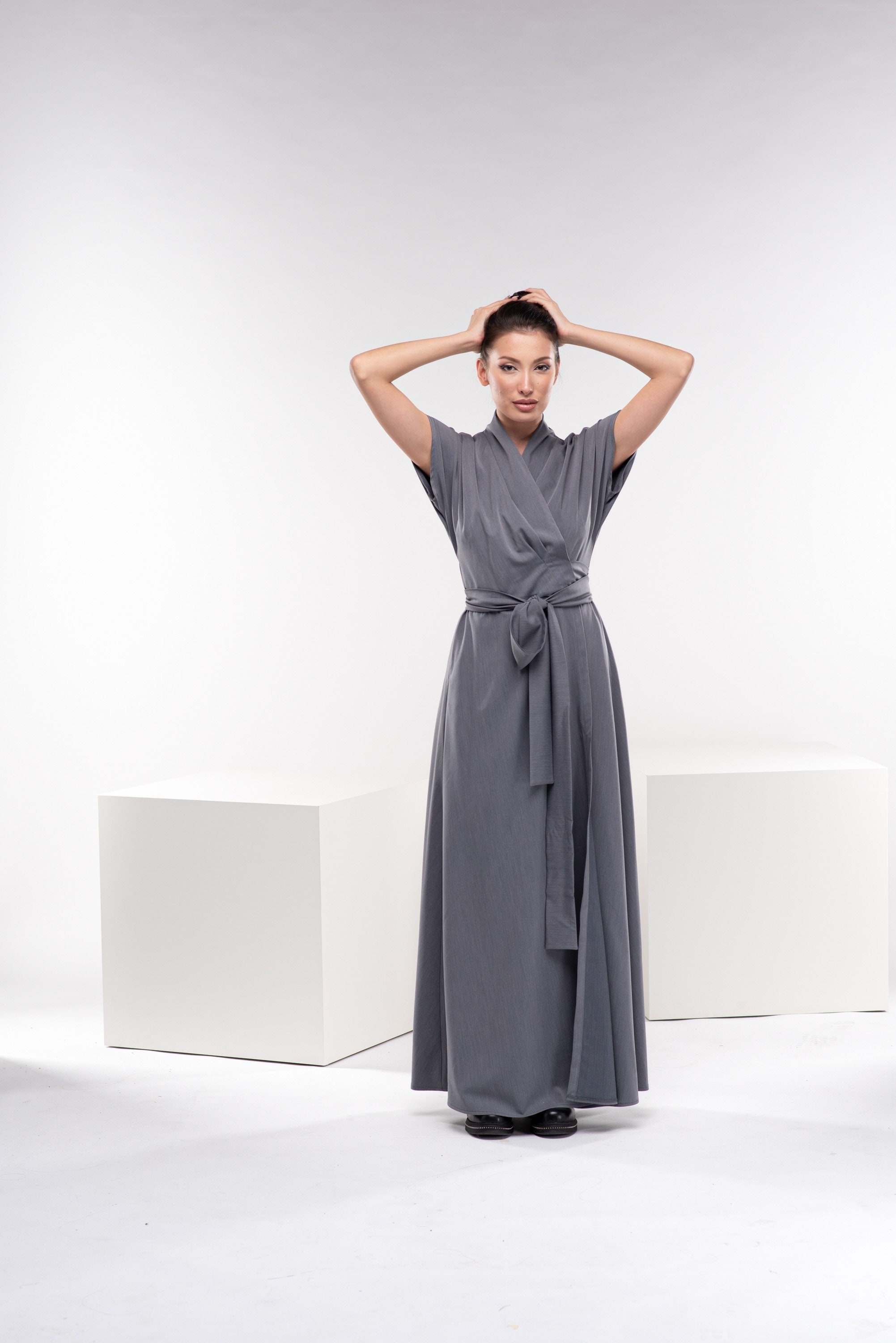 カンビオ 着物風KIMONO Denim Over Size Gown Maxi Wrap Dress, Long Swing Dress, Japanese Kimono Dress