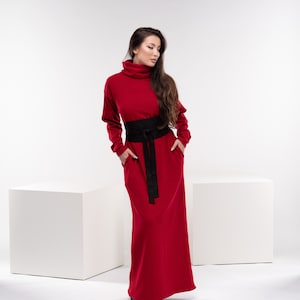 Robe longue rouge en tricot, robe longue d'hiver, robe longue en laine, robe d'automne à col roulé, robe pull chaude image 5