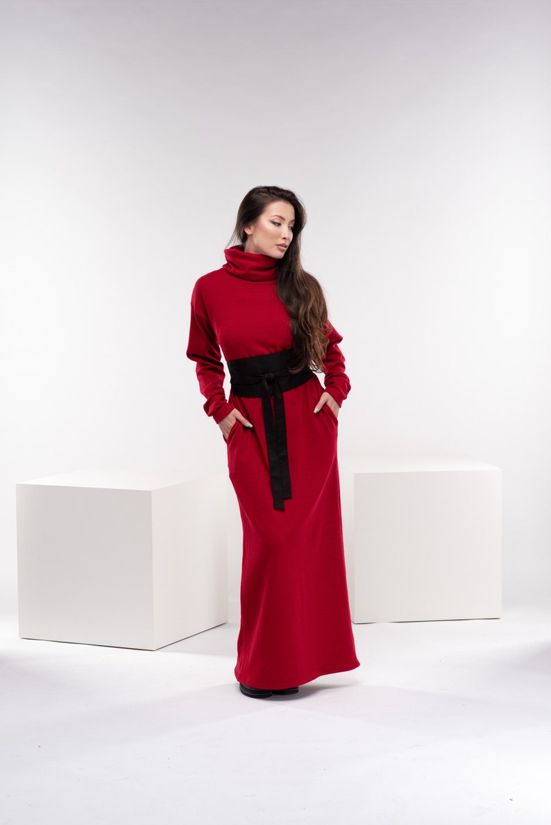 Robe longue rouge en tricot, robe longue d'hiver, robe longue en laine, robe d'automne à col roulé, robe pull chaude image 5