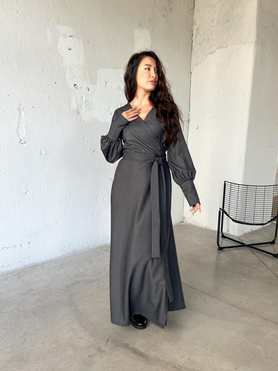 navy blue dress for baby girl Puff Sleeve Wool Maxi Dress, Winter Fairy Dress, Grey Medieval Dress