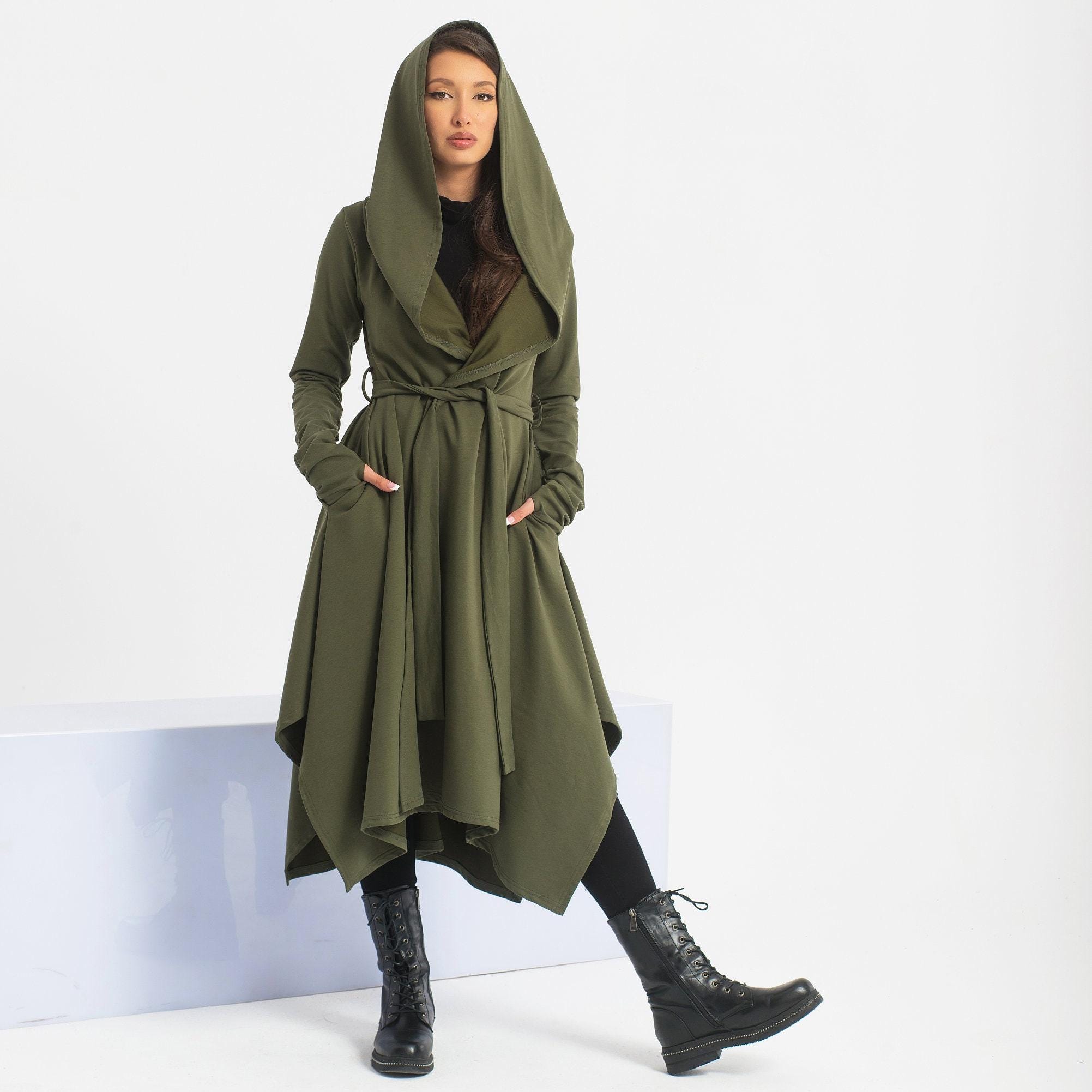 Khaki Green Trench Coat, Long Viking Cloak, Techwear Hoodie, Military Coat with Belt, Cosplay Cloak, Asymmetrical Swing Coat