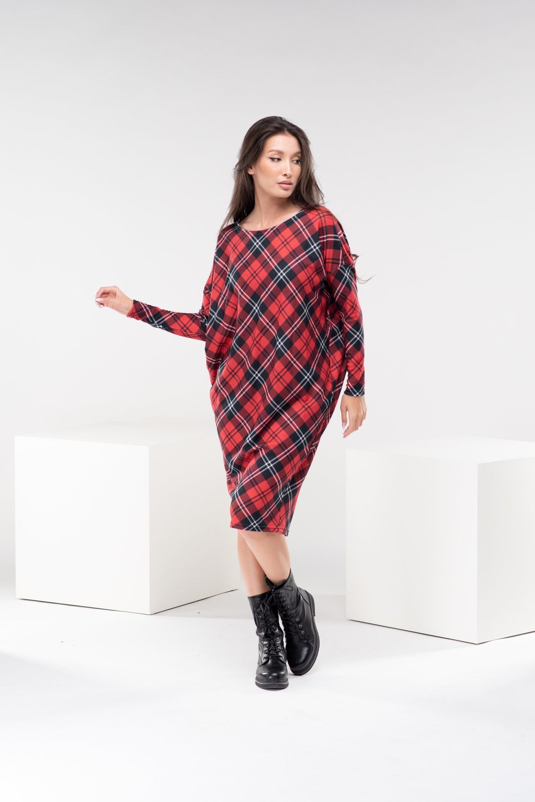 Red Plaid Tartan Hoodie Dress