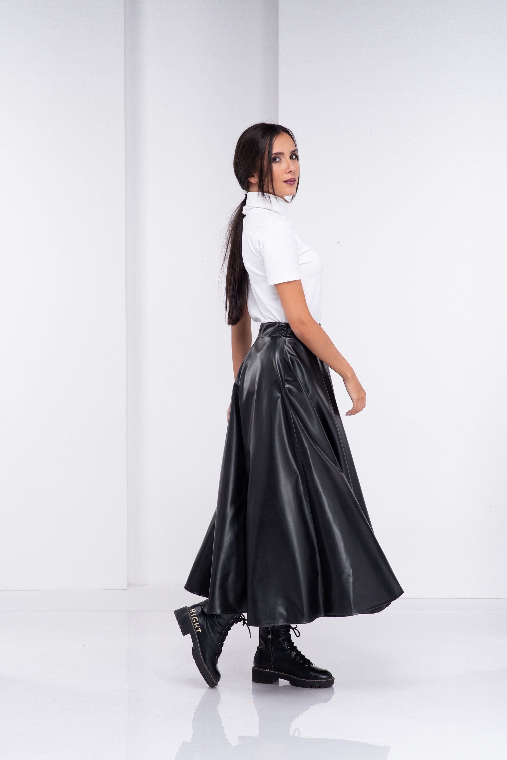 スカート Eco Leather Long Skirt - Black Women's Pencil Skirt Black Eco Leather With Zipper, Long