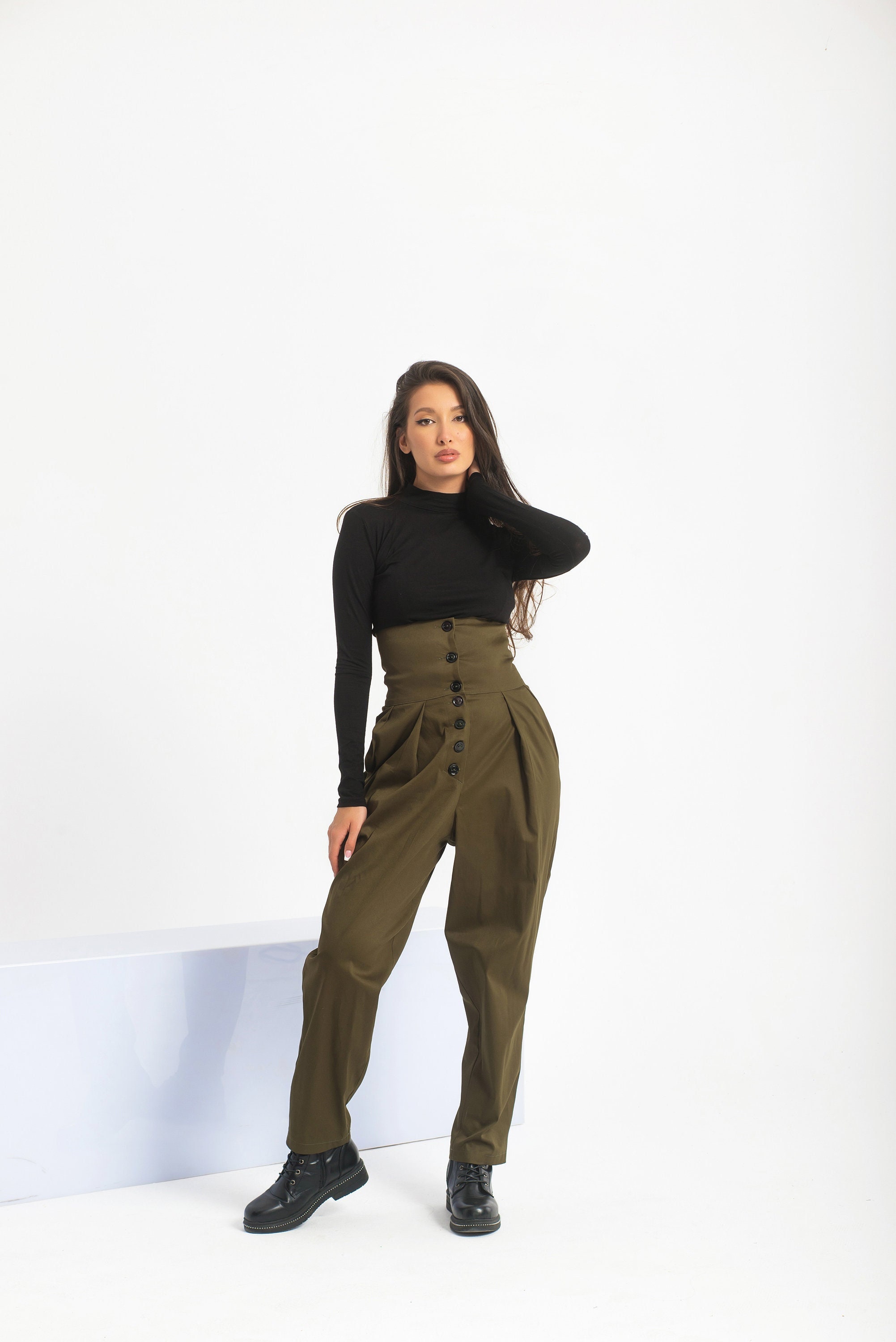 【PORTERNA】Hame Hardtack Trousers Steampunk High Waist Pants, Harem Trousers Women, Cotton