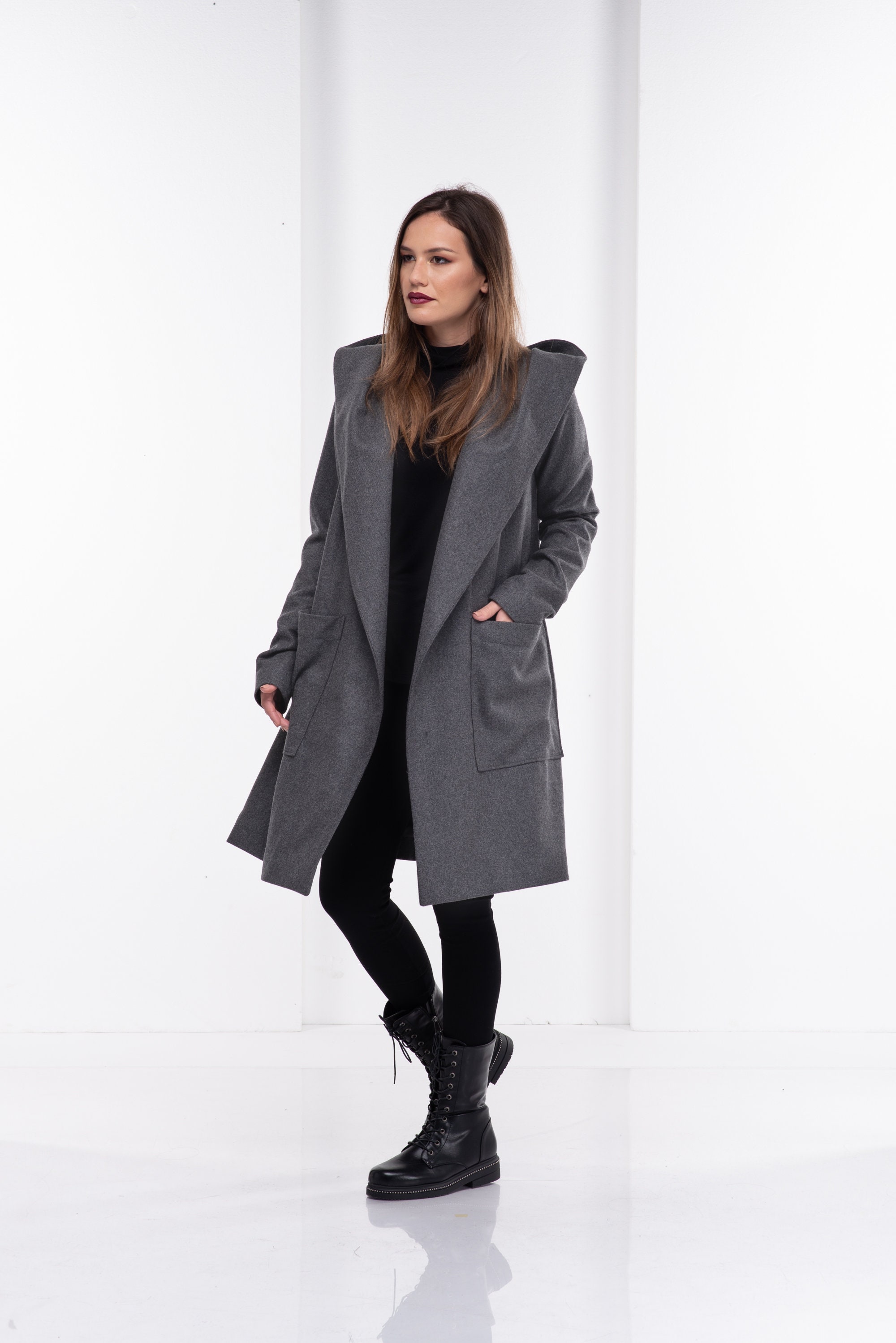 Hooded Goth Coat, Steampunk Jacket, Wool Cloak with Hood, Winter Coat Women