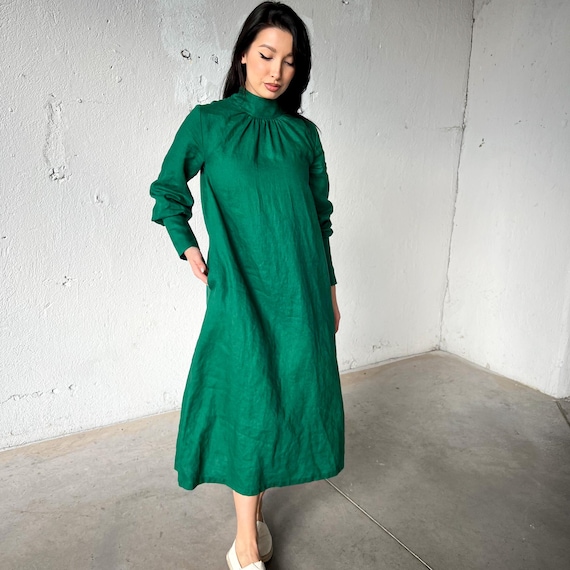 Loose Linen Dress, Puff Sleeve Linen Dress, Linen Turtleneck Dress, Long Linen Dress, Summer Maxi Dress, Romantic Dress, Green Linen Dress - Etsy Loose Linen Dress, Puff Sleeve Linen Dress, Linen Turtleneck Dress, Long Linen Dress, Summer Maxi Dress, Romantic Dress, Green Linen Dress - Etsy