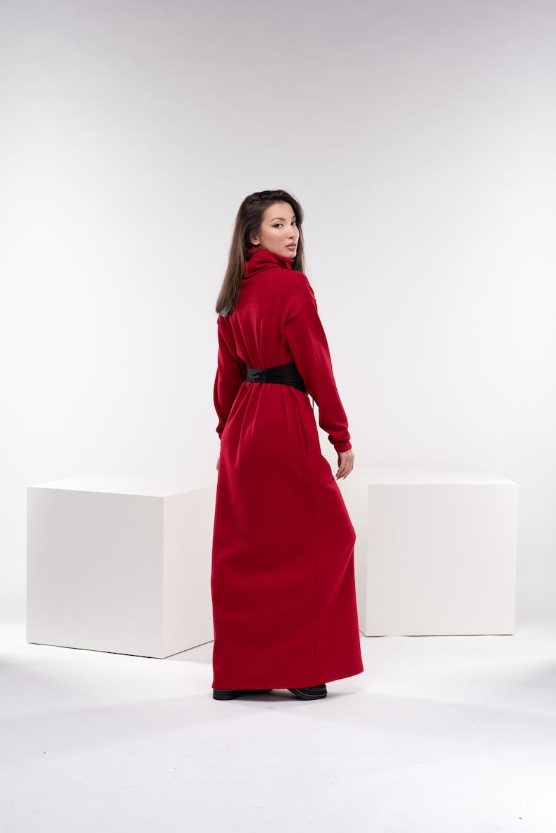 Robe longue rouge en tricot, robe longue d'hiver, robe longue en laine, robe d'automne à col roulé, robe pull chaude image 4