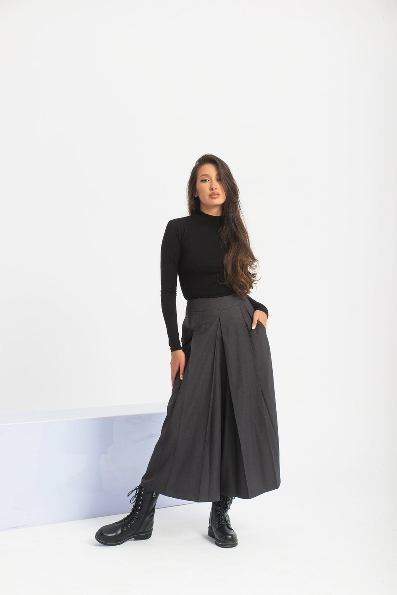 Wool Wide Leg Pants, Palazzo Skirt Pants Women, Pleated High Waist Pants, Gray Womens Trousers image 6