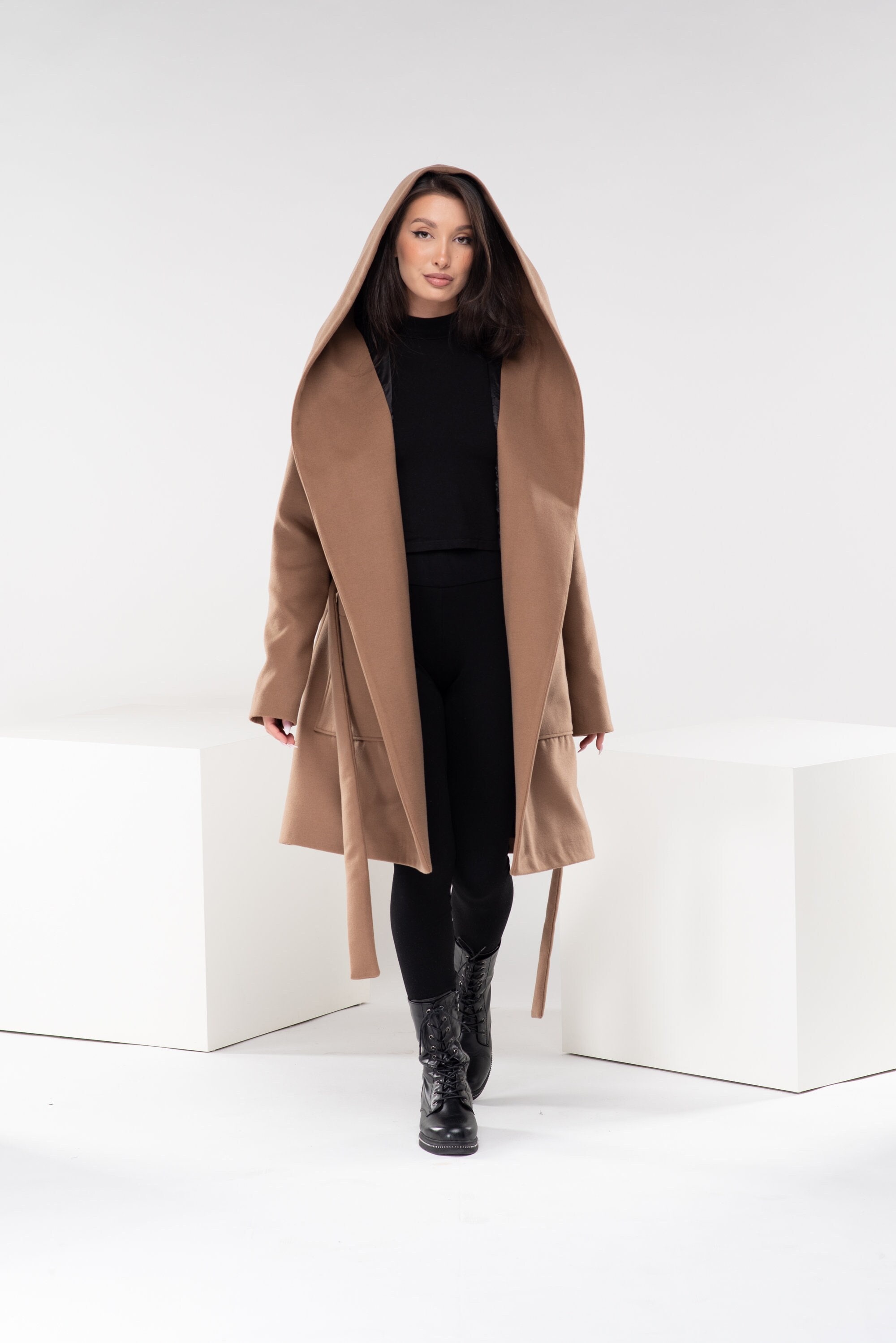 Hooded Camel Wool Coat, Long Winter Coat With Belt, Womens Trench