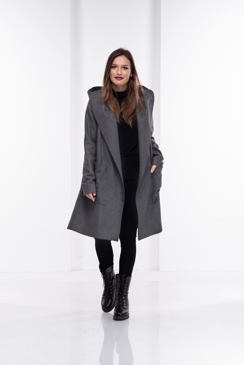 Gray Wool Coat Women Cashmere Hooded Cape Coat Winter Trench Etsy