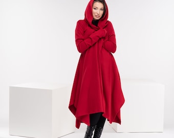 Long Red Cape Coat, Winter Wool Cloak, Cyberpunk Hoodie