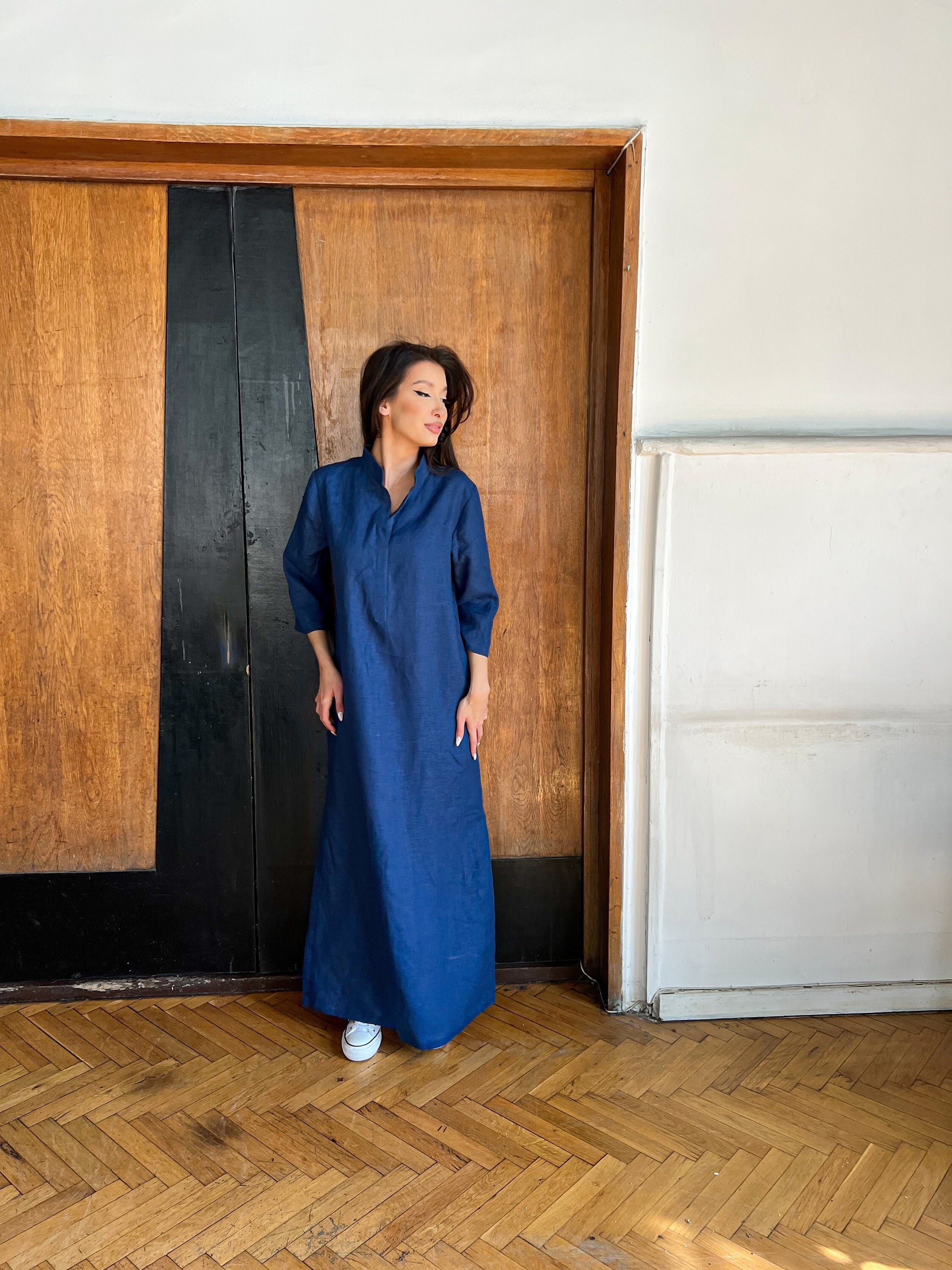 Linen Maxi Dress, Blue Linen Dress, Kaftan Dress, Plus Size Linen Dress, Linen Shirt Dress, Floor Length Dress, Plus Size Linen Clothing