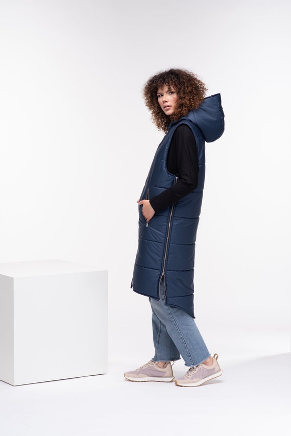Long Hooded Quilted Jacket Steampunk Vest Women Sleeveless Down