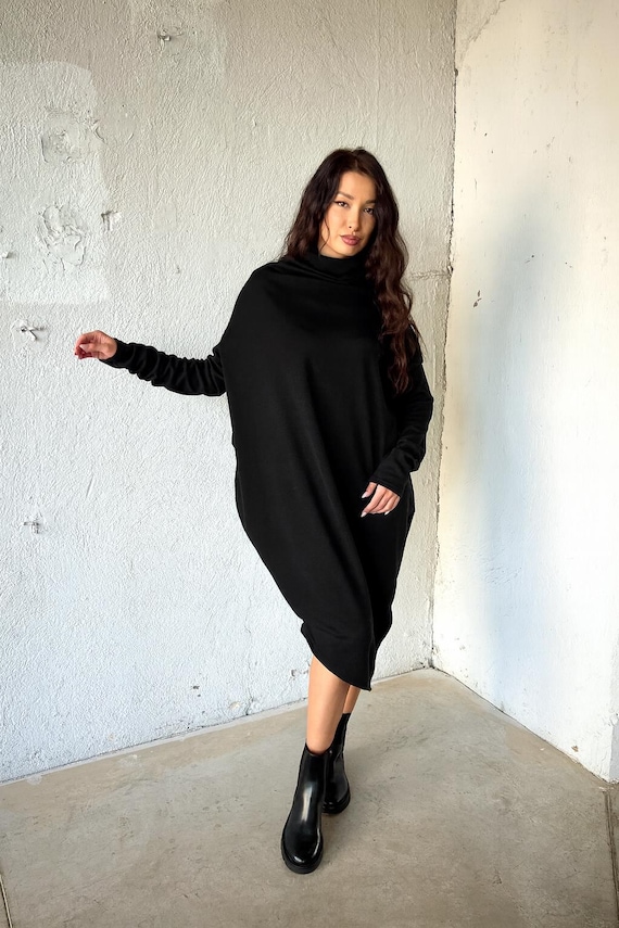Black Winter Dress, Long Sleeve Wool Dress, Asymmetrical Knitted Dress, Futuristic Sweater Dress Black Winter Dress, Long Sleeve Wool Dress, Asymmetrical Knitted Dress, Futuristic Sweater Dress