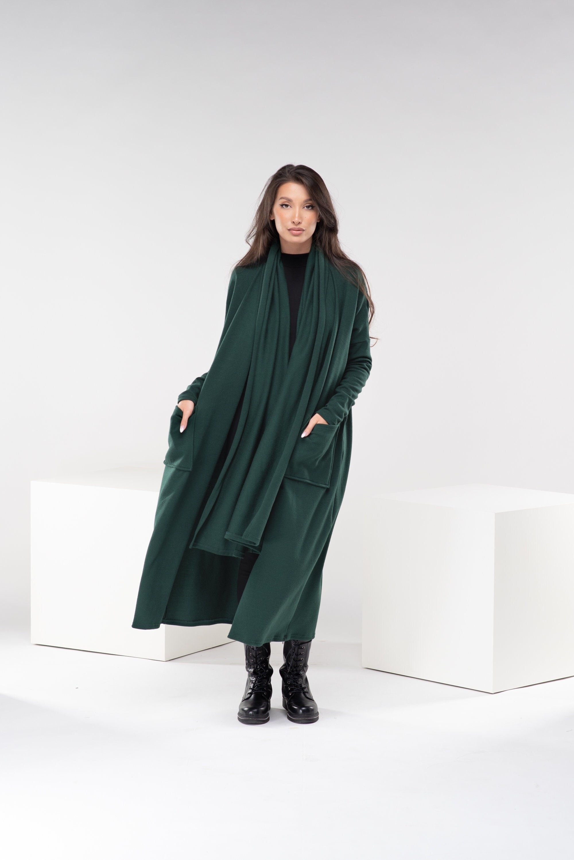 Green Hooded Wool Cape Coat Women 3141