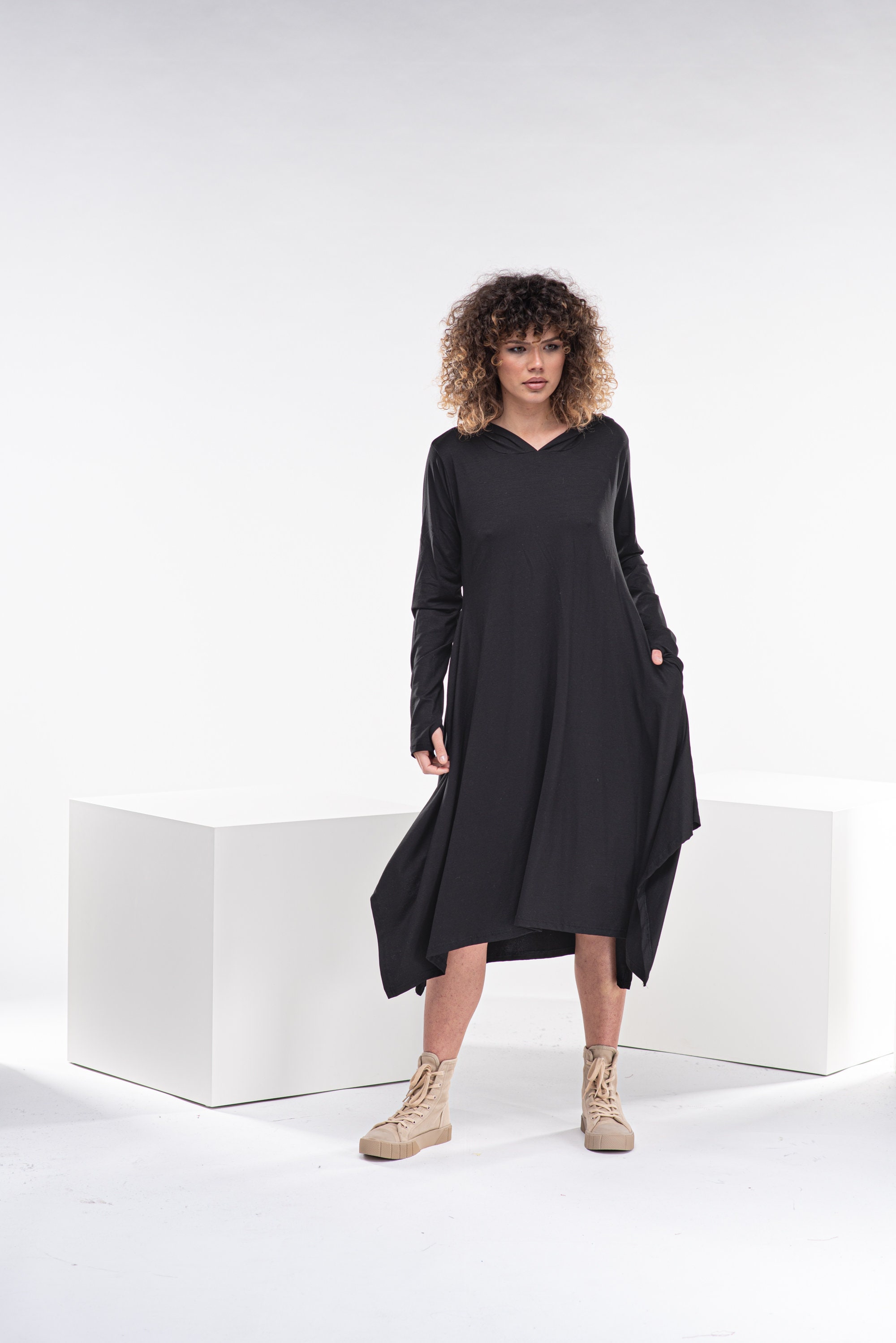 Asymmetrical Hooded Dress, Avant Garde Dress, Goth Hoodie