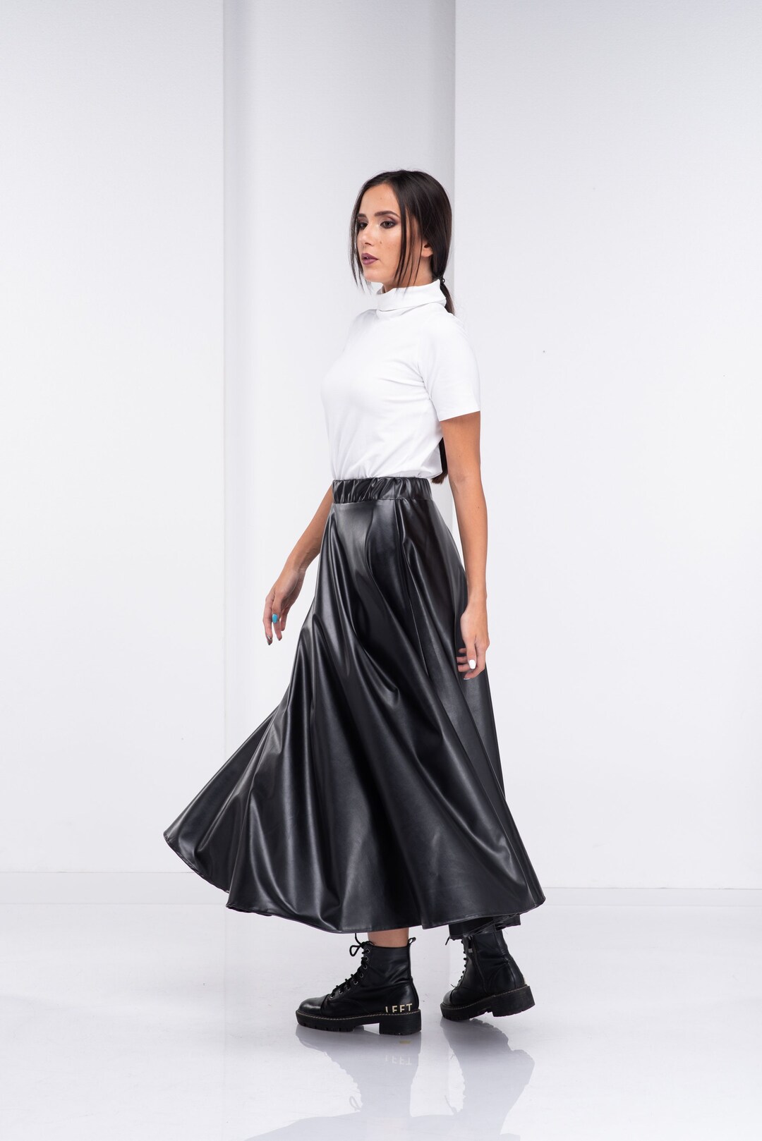 【INCHANT ME】Leather high-waist flared long skirt Fsqjgq Skirts for Women Versatile Satin Skirts for Women