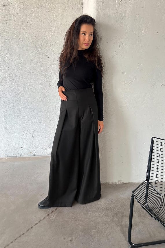 Black Wool Palazzo Pants: High Waisted Pleated Wide Leg Trousers