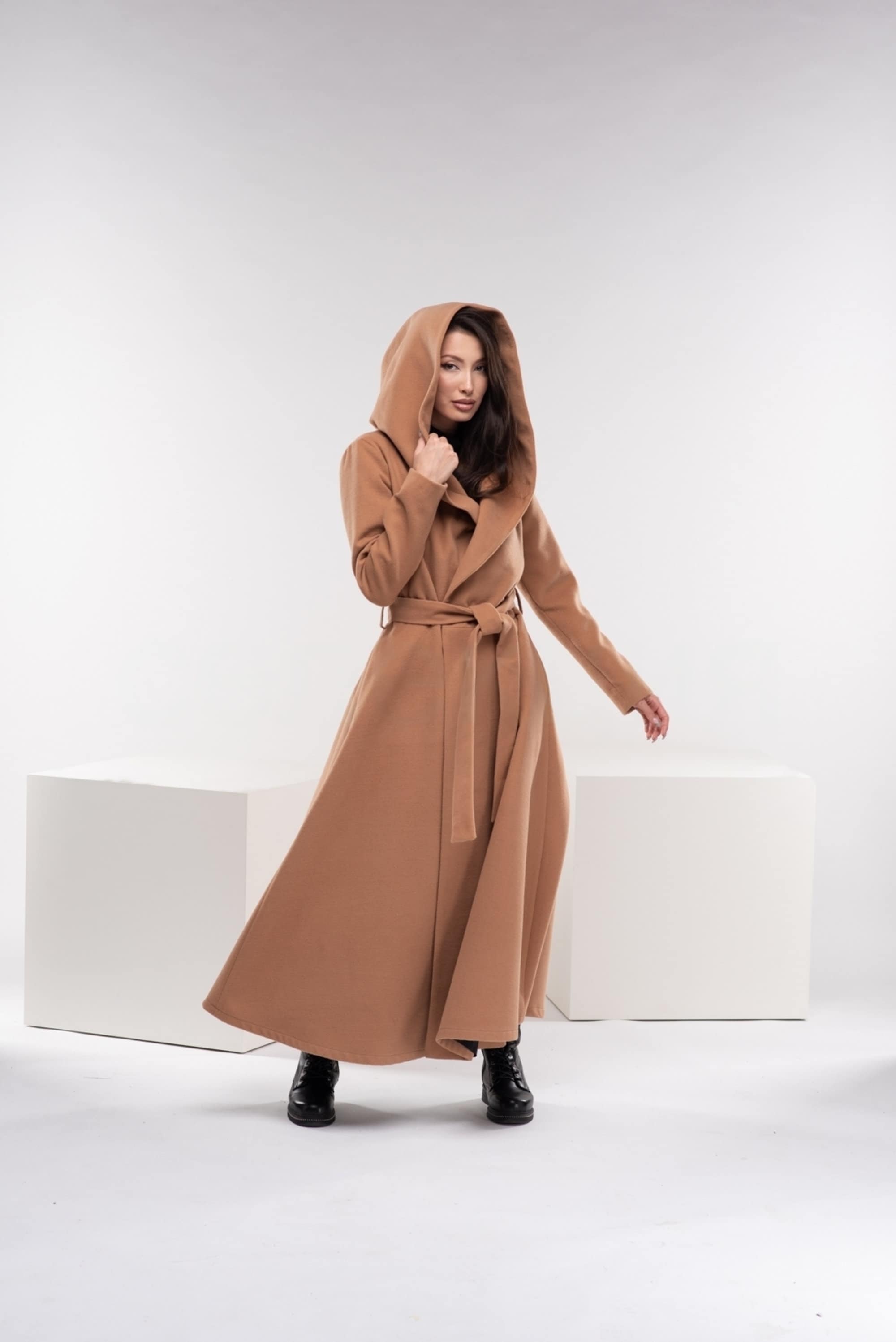 Long Princess Trench Coat, Hooded Winter Cape Coat, Camel Wool