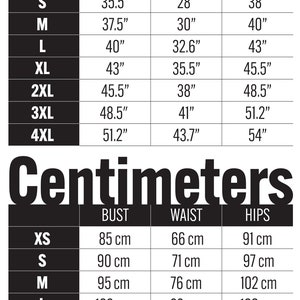 May include: Size chart showing bust, waist, and hip measurements in inches and centimeters for sizes XS through 4XL.