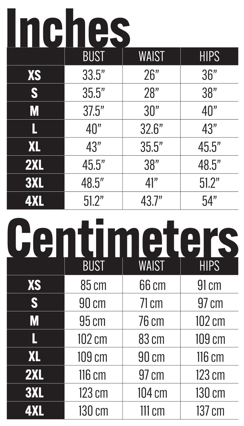 May include: Size chart showing bust, waist, and hip measurements in inches and centimeters for sizes XS through 4XL.