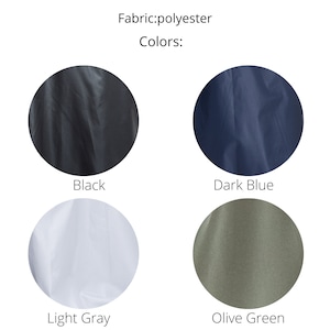 May include: Four fabric swatches in different colors: black, dark blue, light gray, and olive green. Fabric: polyester.