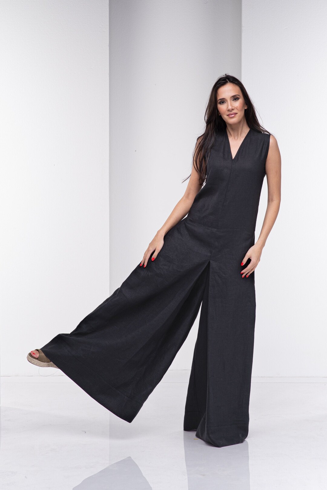 Linen Jumpsuit, Black Linen Jumpsuit, Wide Leg Jumpsuit, Loose Jumpsuit, Linen Clothing, Summer
