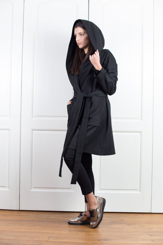 Black Wool Coat Hooded Cloak Winter Cape Jacket Women Etsy Canada
