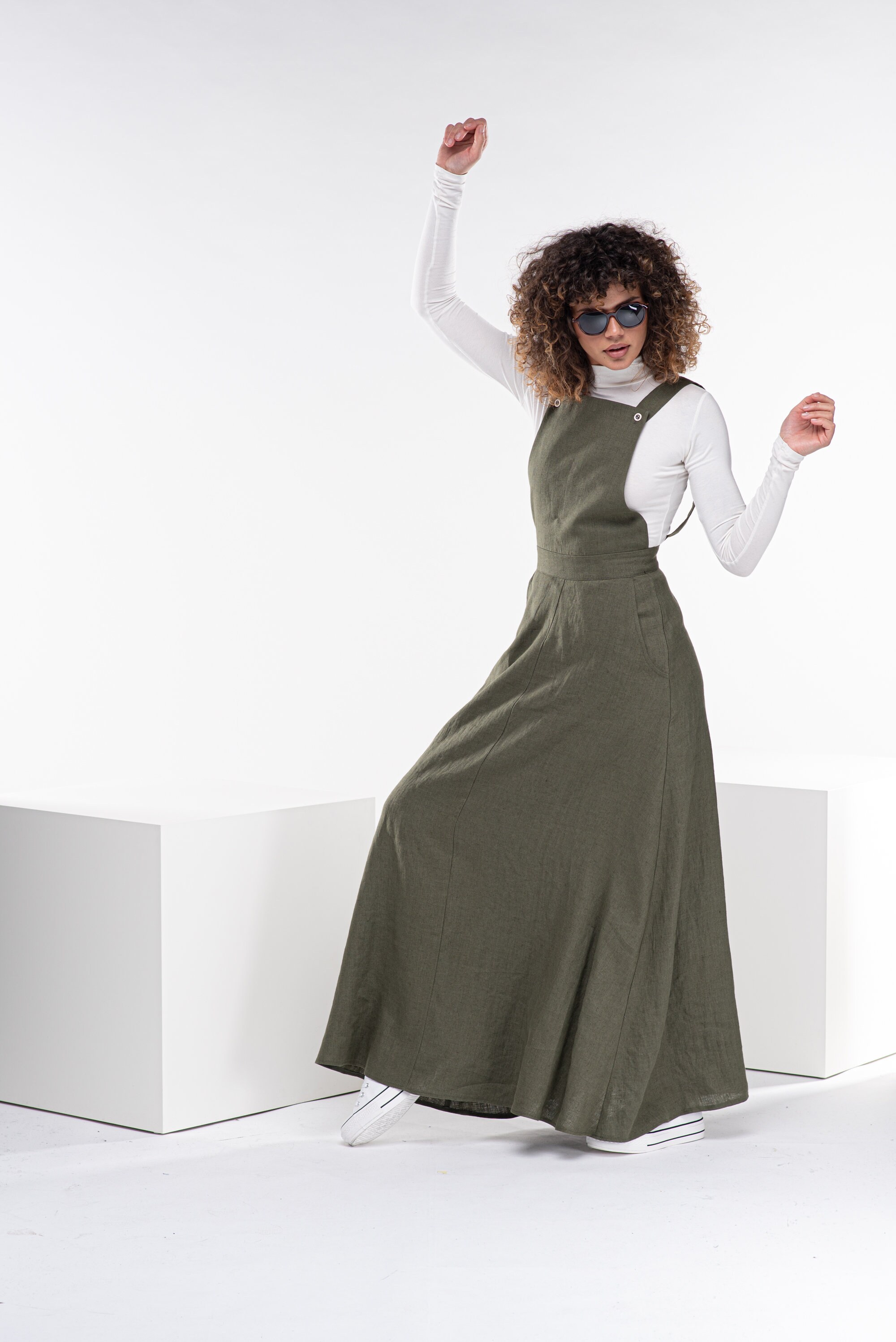 strapless open back dress EYELET PINAFORE DRESS ~ OLIVE GREEN [ Wool, Brass Hardware ] – keegan main image 1