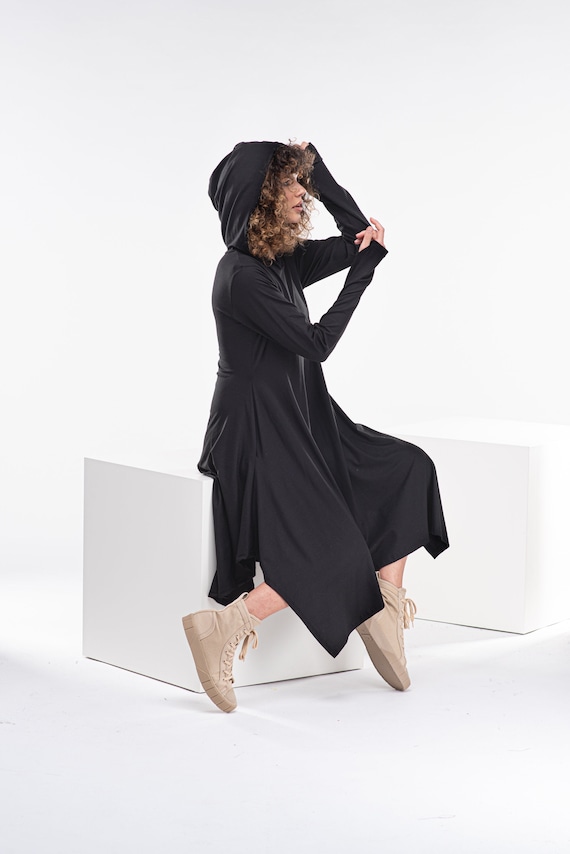 Hooded Witch Dress, Black Maxi Dress, Plus Size Goth Dress, Cyberpunk Hoodie Dress, Long Cotton Dress, Cyberpunk Clothing