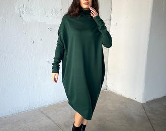 Plus Size Asymmetrical Winter Dress, Dark Green Wool Maxi Sweater Dress
