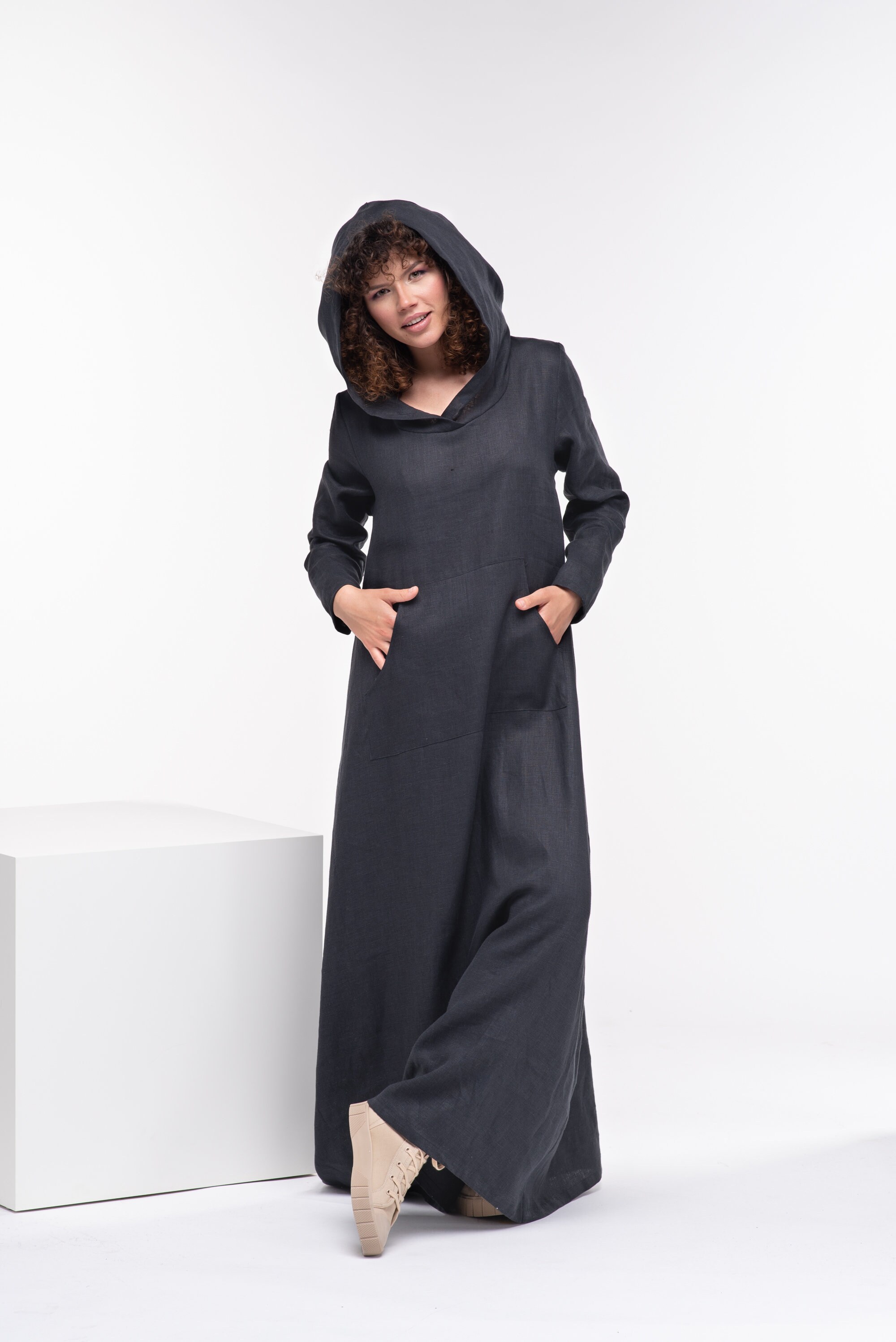 Linen Hooded Dress, Linen Maxi Dress, Linen Hoodie Dress