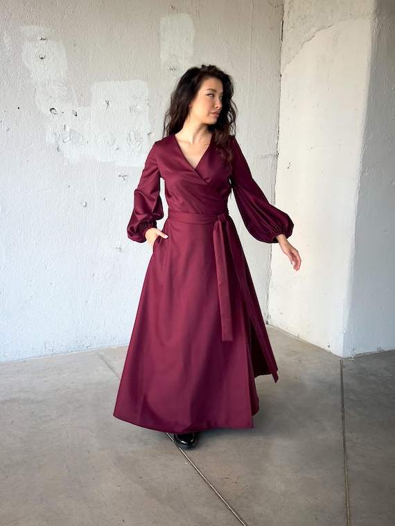 winter puff sleeve dress Winter Medieval Dress, Puff Sleeve Dress, Wool Maxi Dress, Renaissance Dress, Wrap Kaftan Dress
