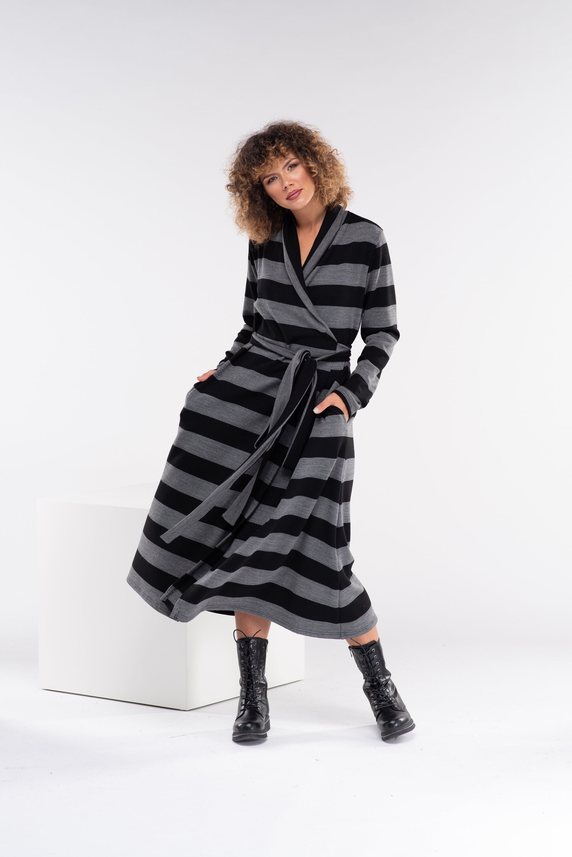 Wool Swing Dress, Comfy Winter Dress for Women, Loose Sweater Wrap Dress, 50s Wool Dress