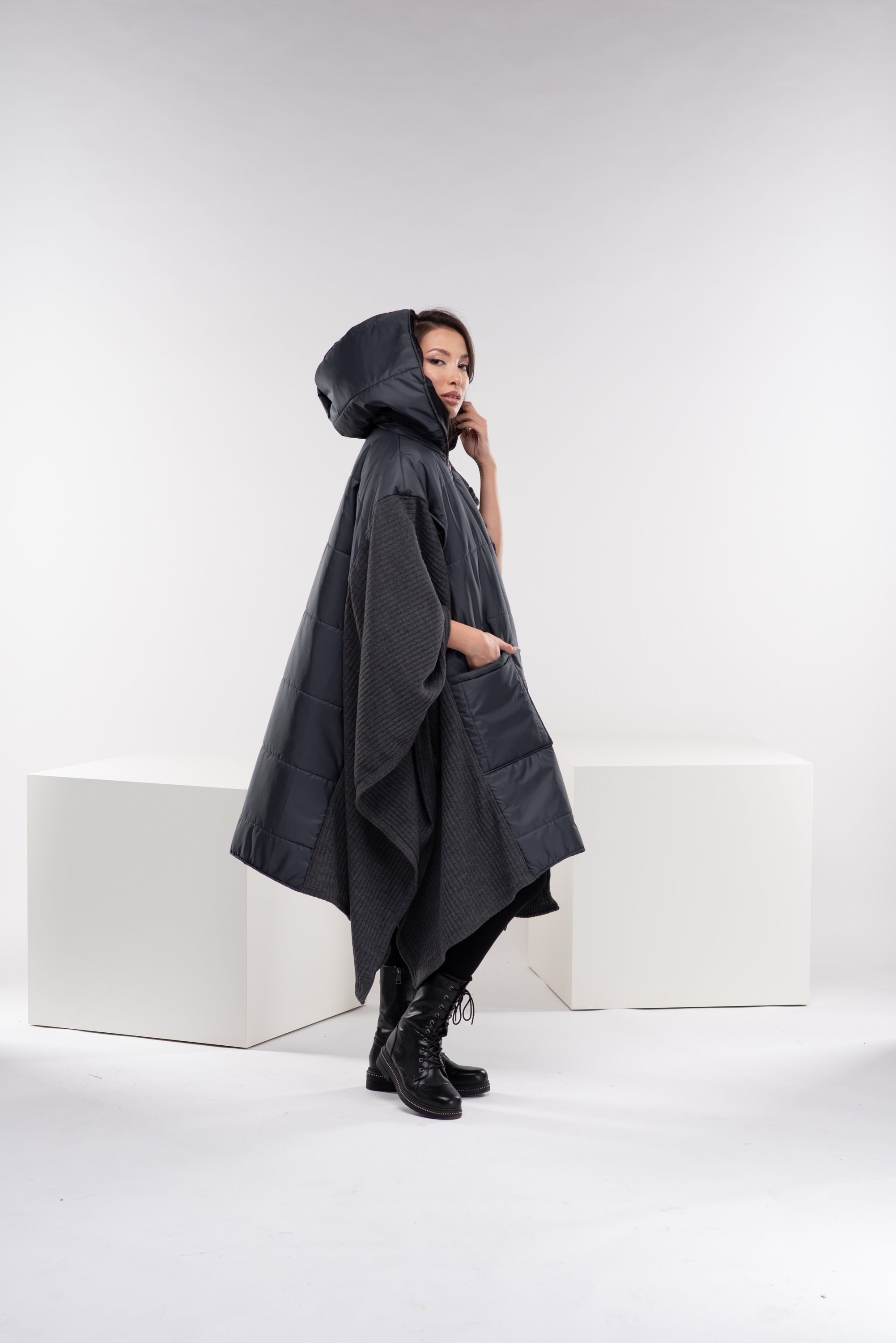 Puffer Winter Poncho, Bomber Cyberpunk Jacket, Quilted