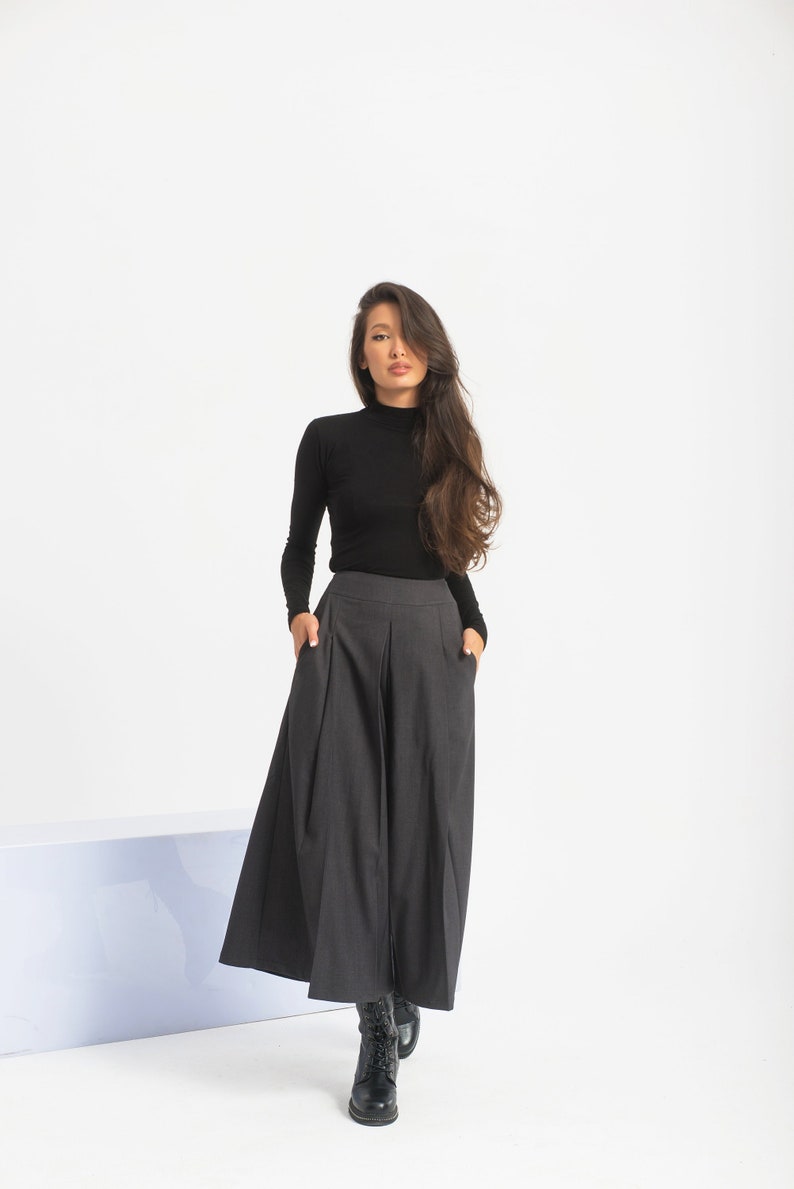 Wool Wide Leg Pants, Palazzo Skirt Pants Women, Pleated High Waist Pants, Gray Womens Trousers image 3