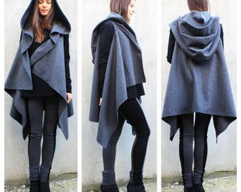 Asymmetrical Wool Hoodie, Oversize Wool Tunic, Extra Warm Hoodie, Hood Coat Jacket, Extravagant Hoody,Hooded Cloak,Black Jacket