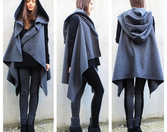 Oversized Asymmetrical Wool Hoodie : Sleeveless Extra Warm Extravagant Vest