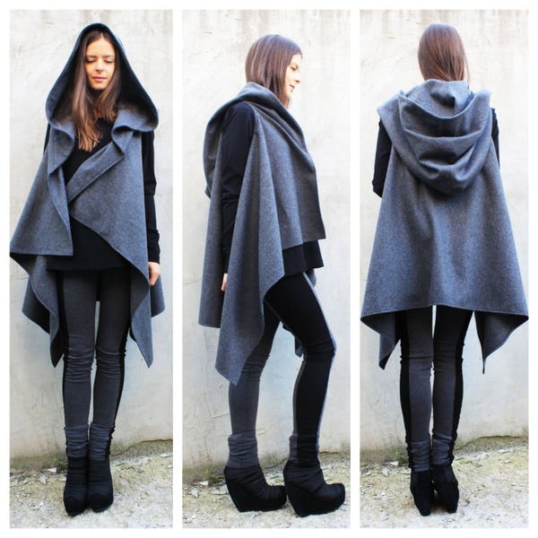 Asymmetrische wollen hoodie, oversized wollen tuniek, extra warme hoodie, capuchonjas, extravagante hoody, mantel met capuchon, zwarte jas